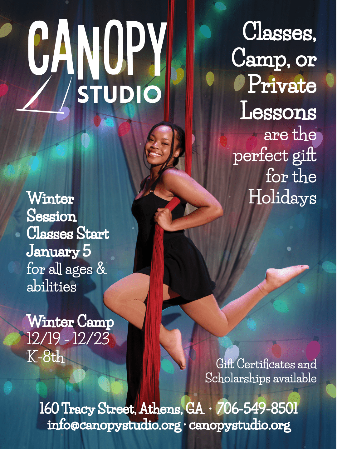 Aerialist is smiling while on a maroon sling. Christmas Twinkle lights border her. Canopy Studio logo on the top left corner. Classes, camp, or private lessons are the perfect gift for the holidays in the top right corner.