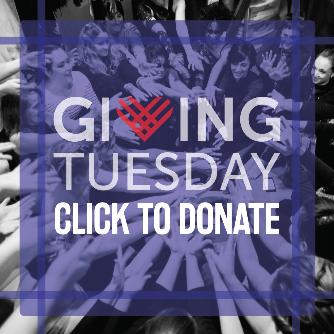 Background has a group of aerialists reaching their hands towards each other. The foreground reads Giving Tuesday Click to Donate
