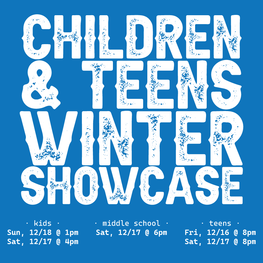 Blue square with text that reads "Children and Teens showcase"