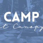 Child on trapeze bar with a blue wash on the photo and the words " Camp at Canopy"