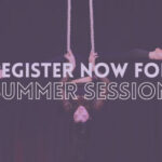 Aerialist hanging upside down in a split in the background. The foreground reads "register now for summer session"