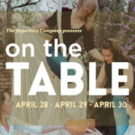 Rep Co members surround a table with one aerialist suspended above the table. In the foreground words read "On the Table" April 28, 29, 30