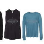 a line up of new merchandise including a black hoodie, a black tank, black long sleeve shirt, teal long sleeve shirt, and grey hoodies